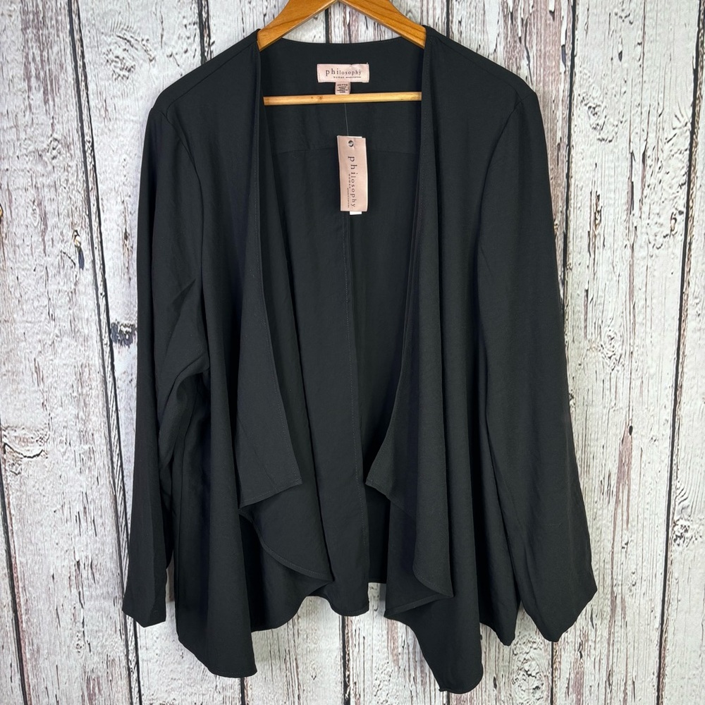 🏷️NWT Philosophy‎ Woman Plus 2X Black Open Front Waterfall Cardigan Long Sleeve